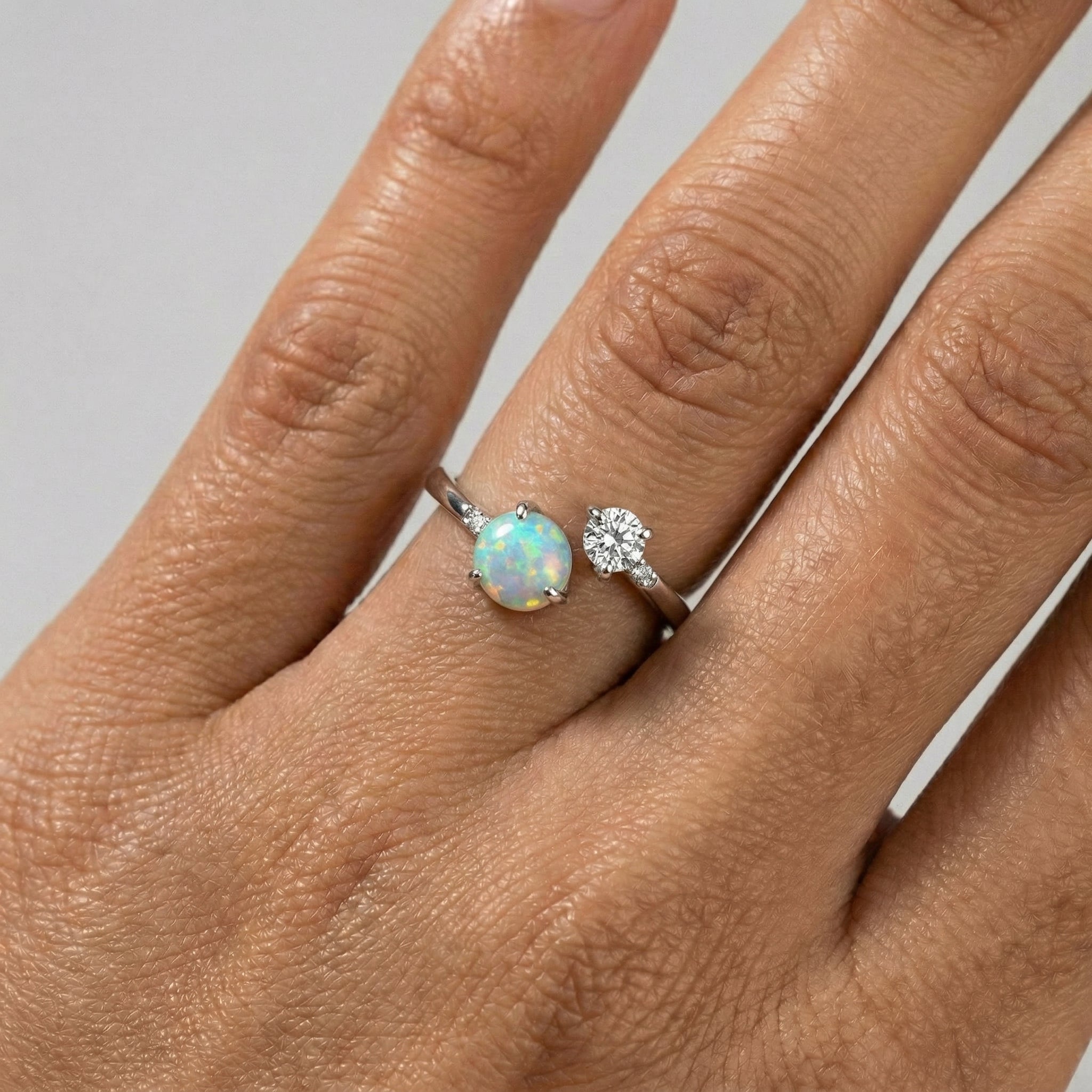 Moonstone & White Zircon Ring - Open Star