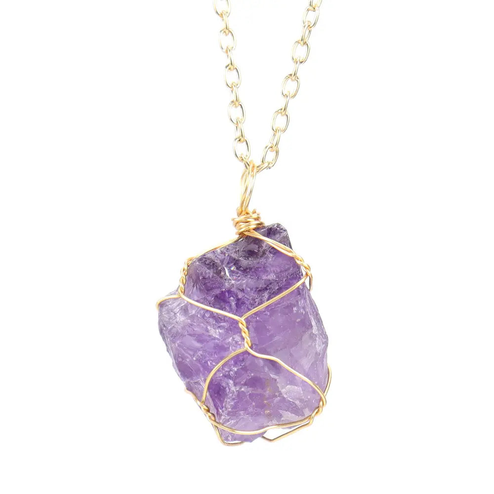 Amethyst Necklace - Natural Stone with Copper Wire