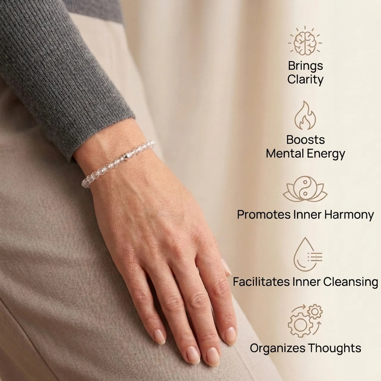 Clear Quartz Natural Stone Bracelet with Silver Bead