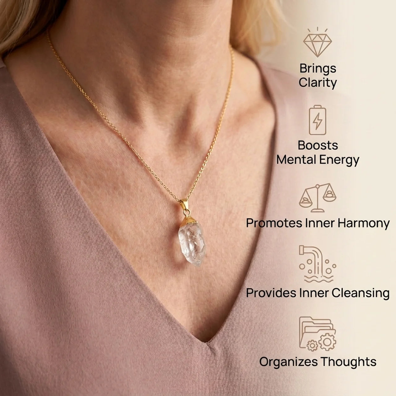 Clear Quartz Necklace - Gold Leaf Chain