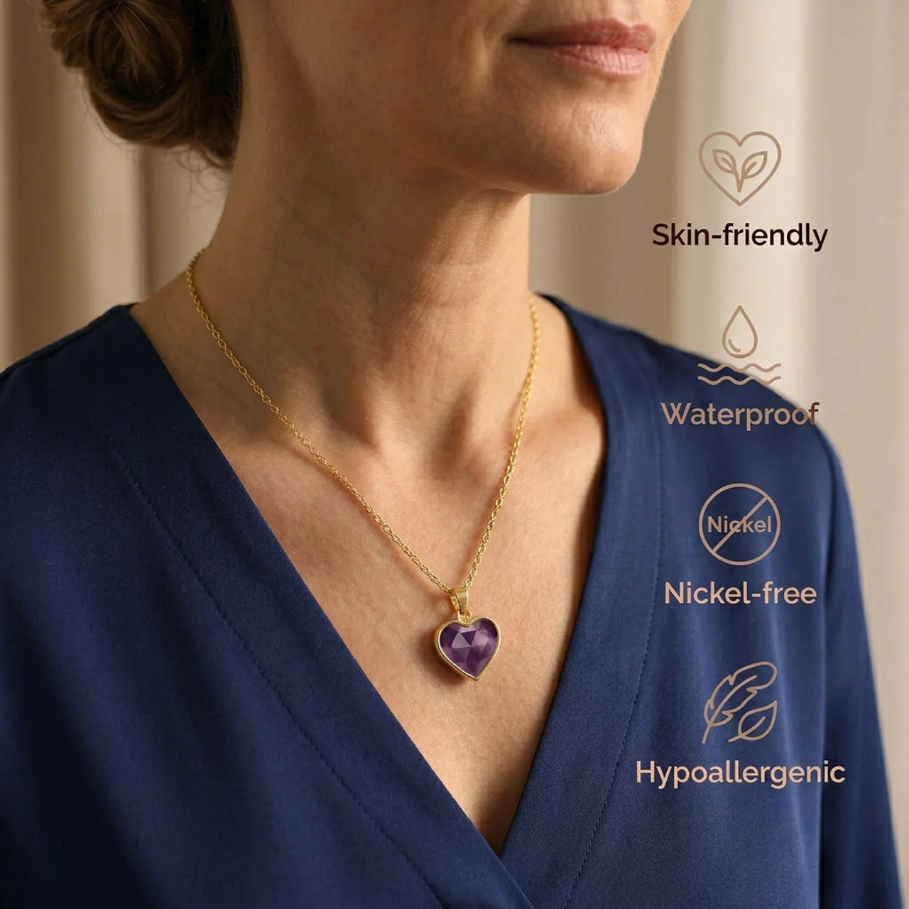 Amethyst Necklace - Heart Medallion, Silver Plated