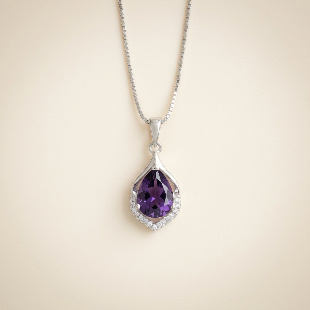 Amethyst Necklace - in Silver with Crystals