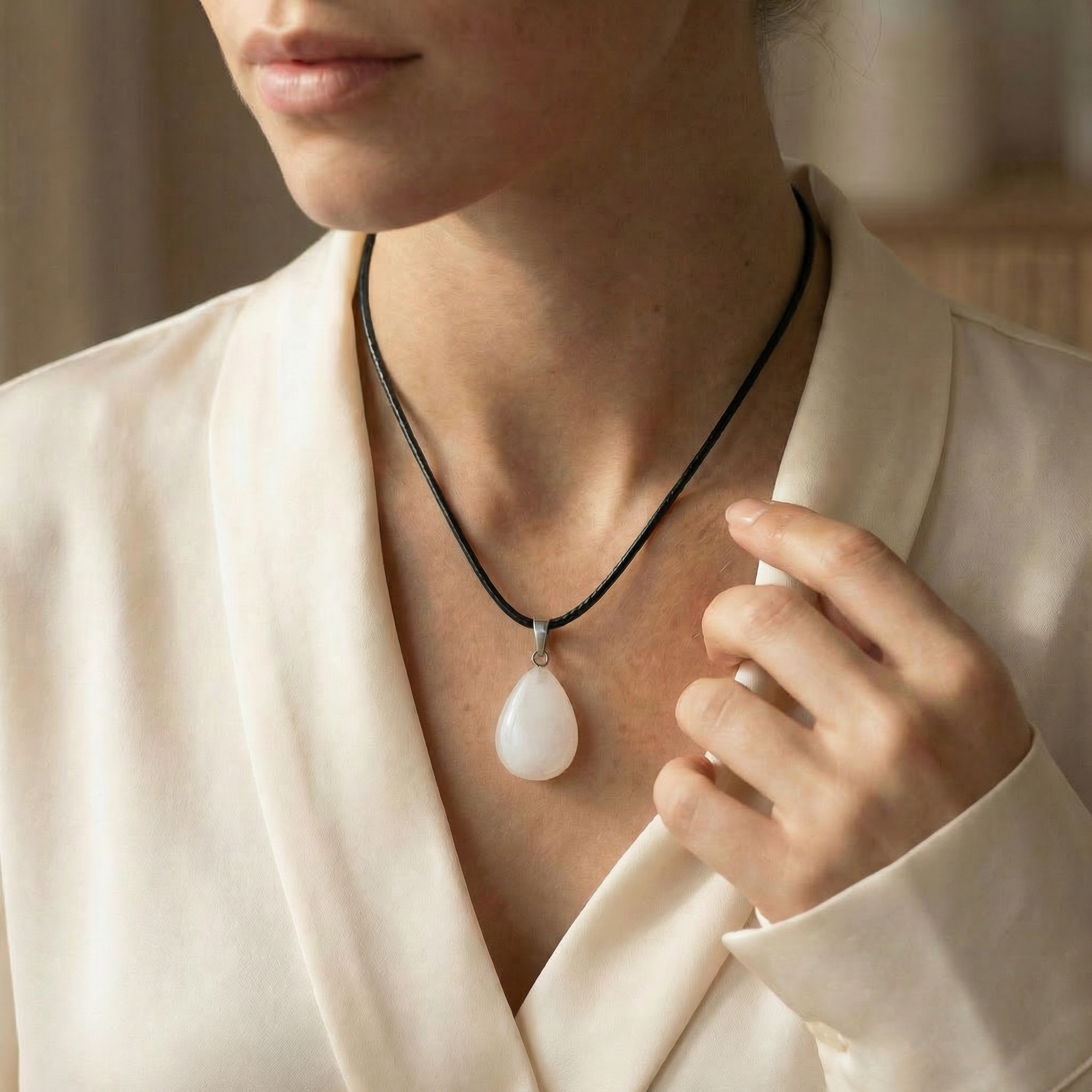 Moonstone Necklace - Teardrop Shape Leather Cord