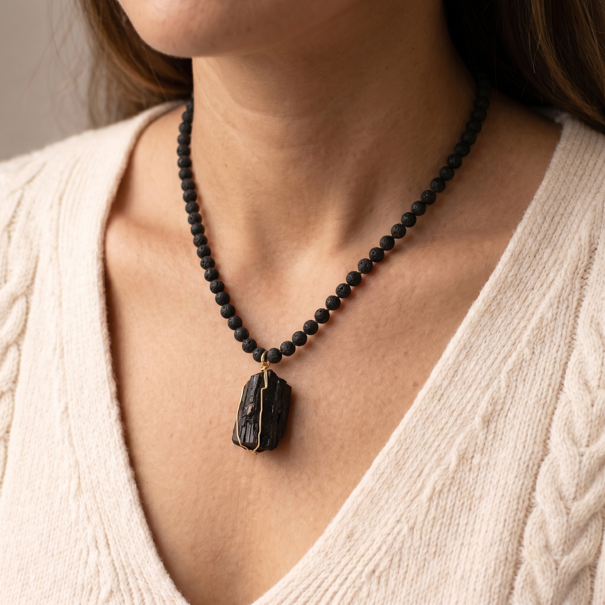 Tourmaline Necklace - Pearl Necklace with Raw Stone