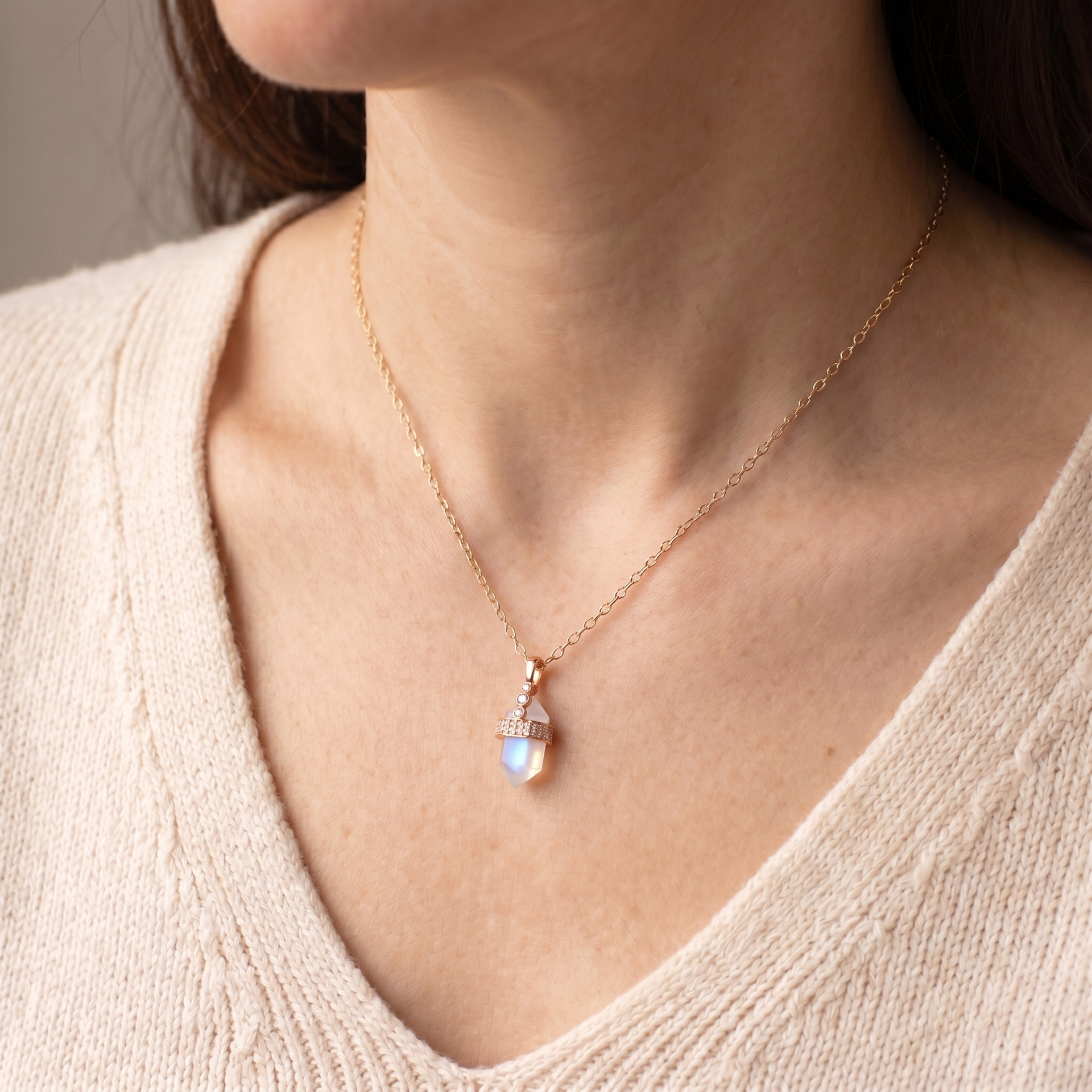 Moonstone Necklace - Hexagon with Crystals