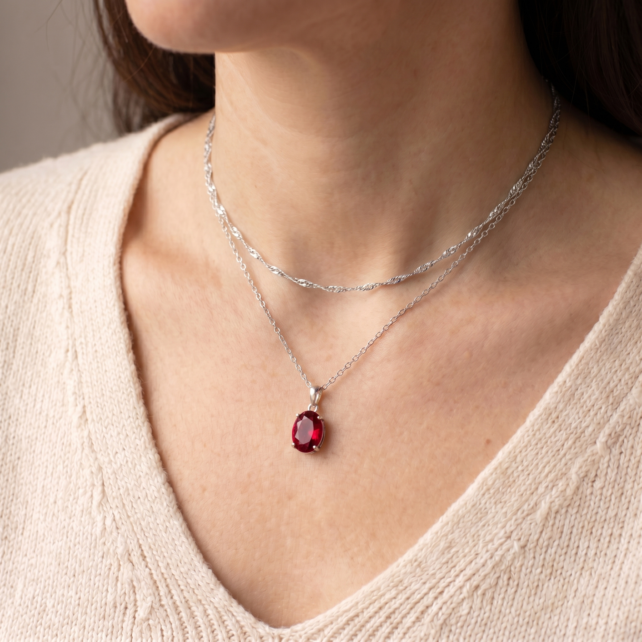 Ruby Necklace - Teardrop Pendant in Silver