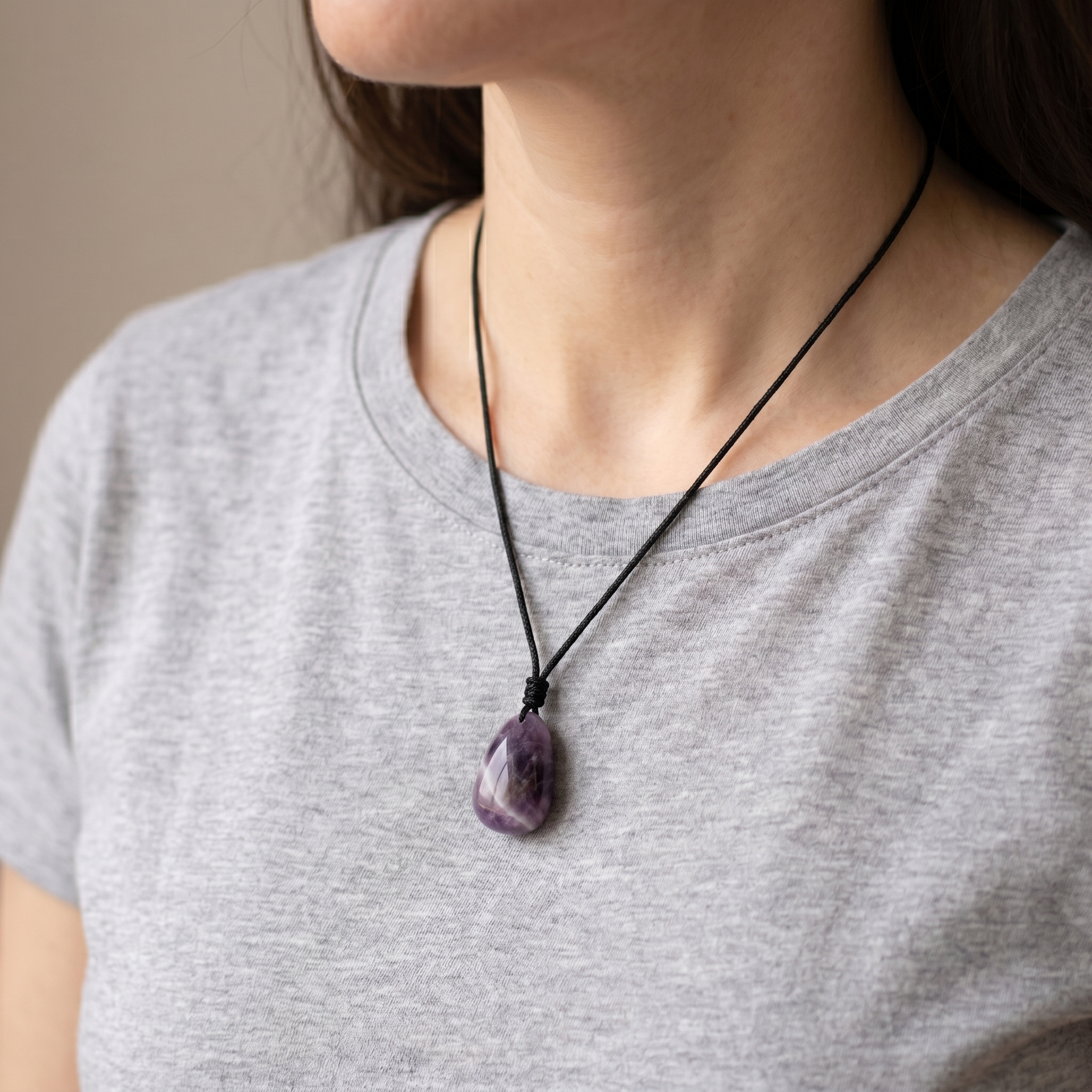 Amethyst Necklace - Pearl with Fabric Chain