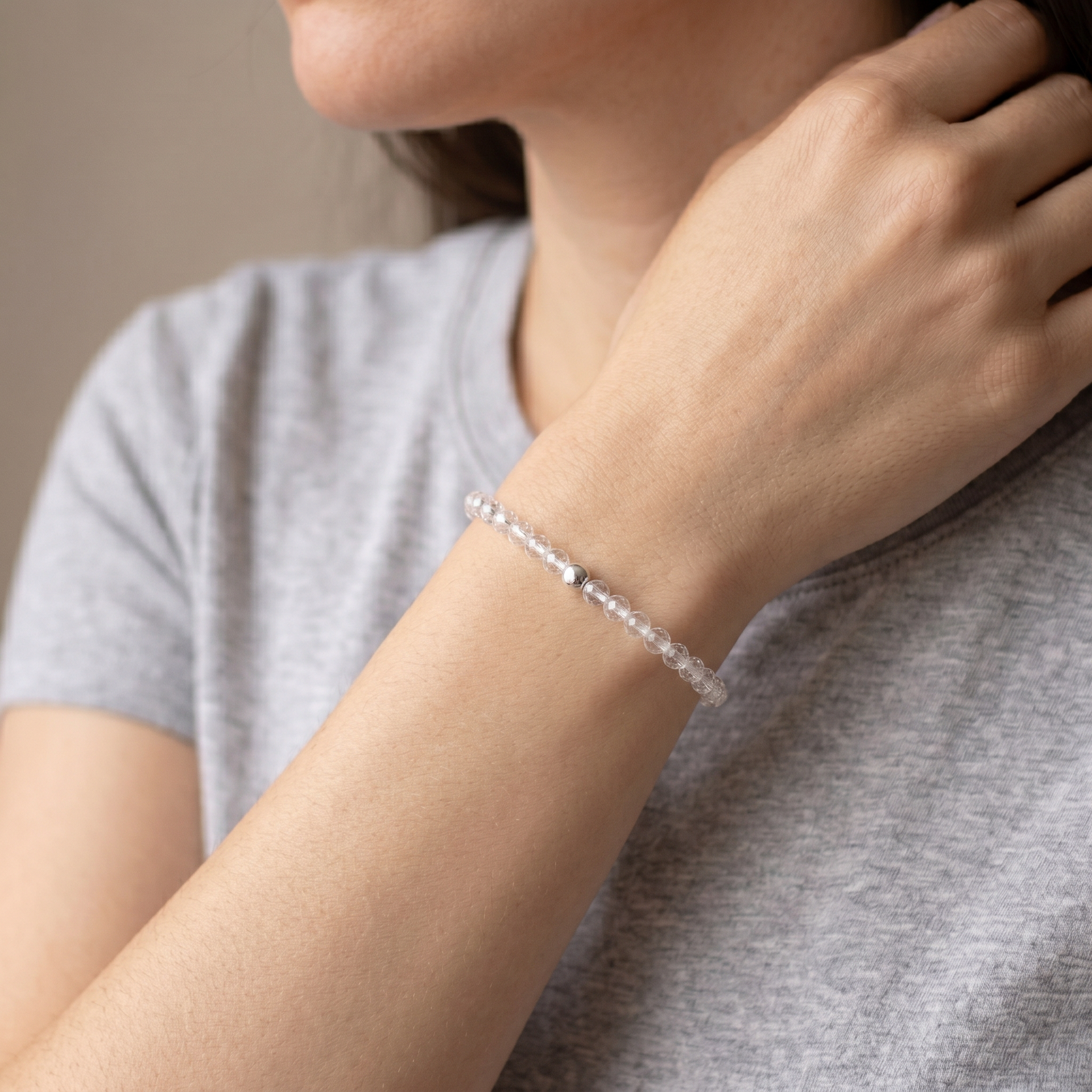 Clear Quartz Natural Stone Bracelet with Silver Bead