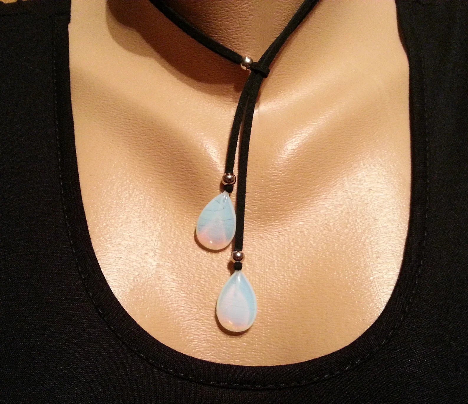 Moonstone Necklace - Leather Cord Double Pendant