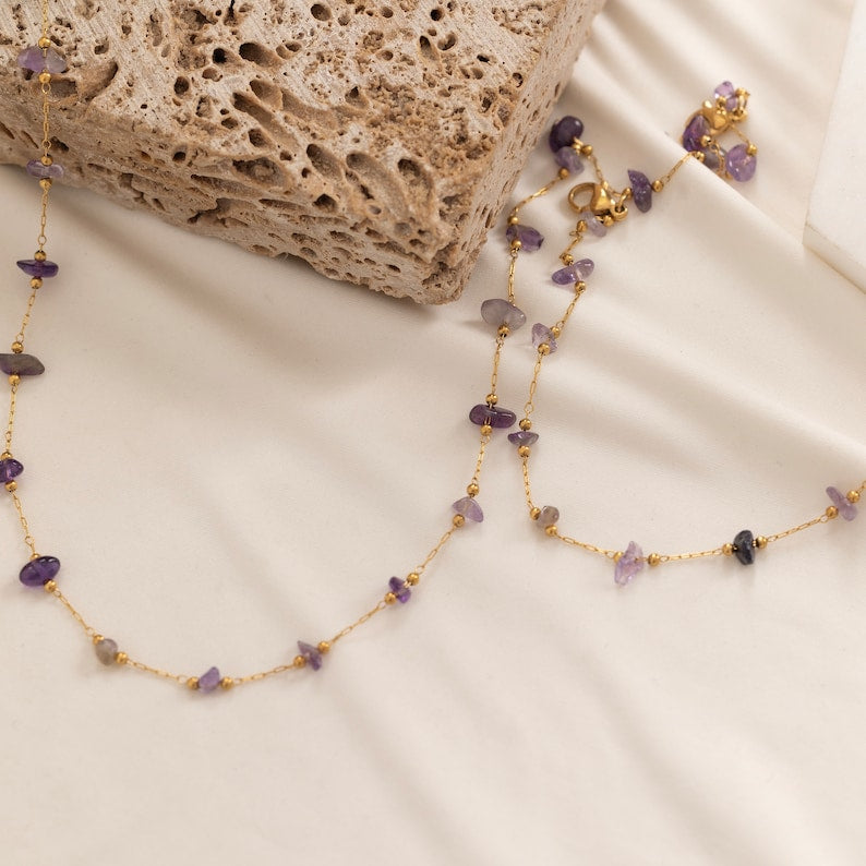 Amethyst Necklace - Raw Beads S925 Silver