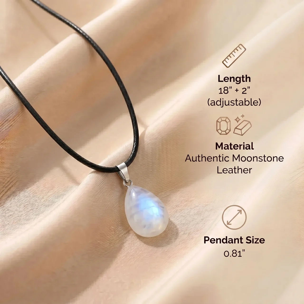 Moonstone Necklace - Teardrop Shape Leather Cord