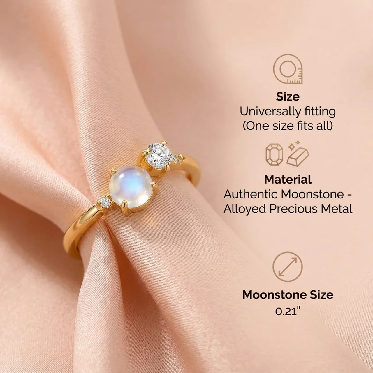 Moonstone & White Zircon Ring - Open Star