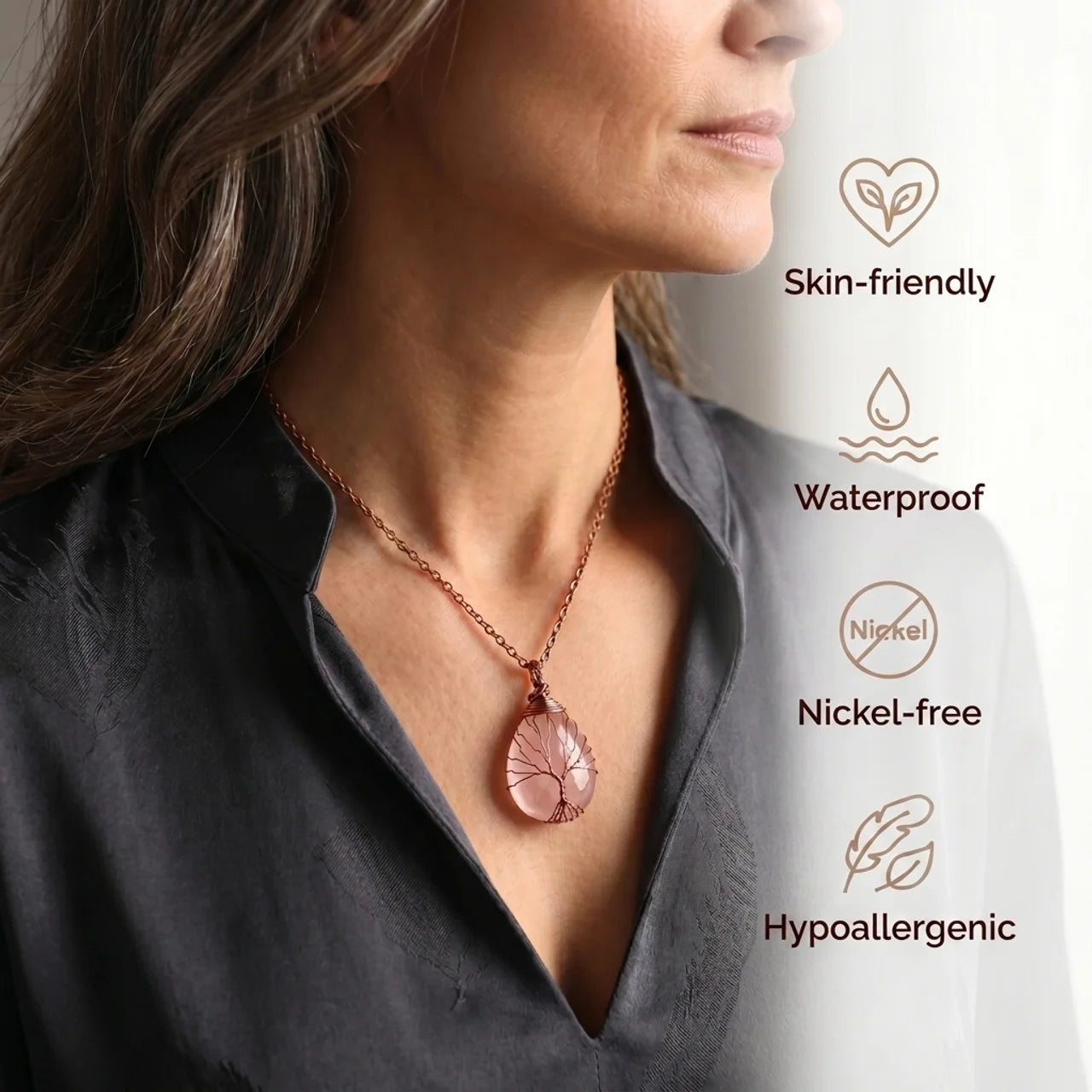 Tree of Life Necklace - Copper & Rose Quartz