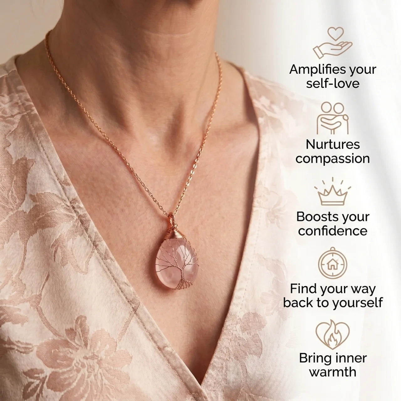 Tree of Life Necklace - Copper & Rose Quartz