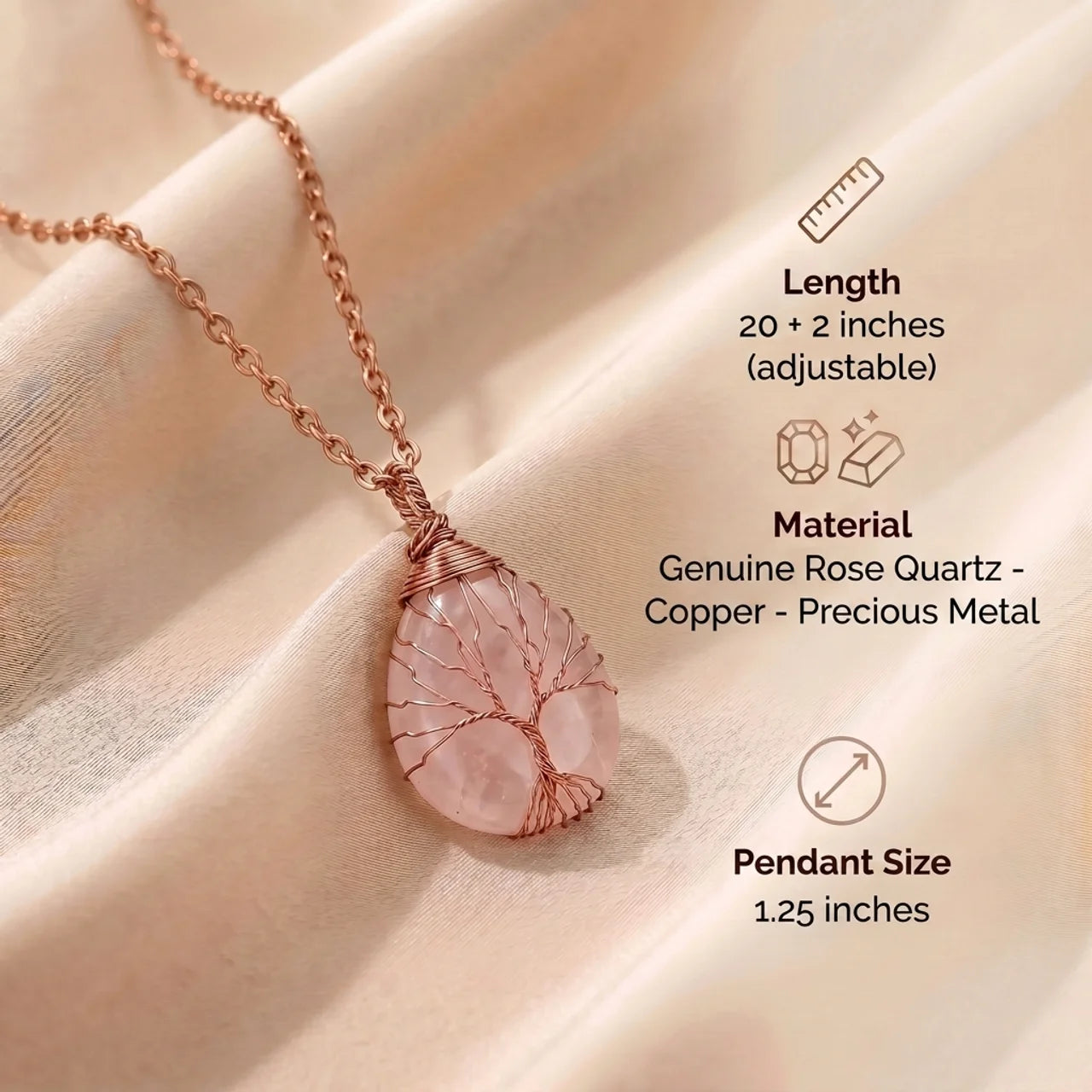 Tree of Life Necklace - Copper & Rose Quartz